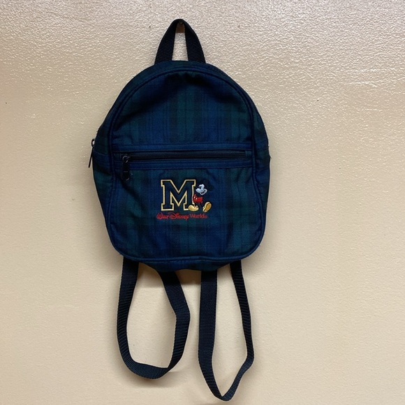 Vintage Walt Disney World Mickey Mouse Green Blue Plaid Mini Backpack - Picture 1 of 13